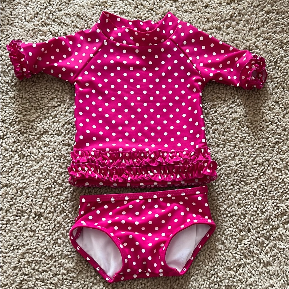 Ruffle Butts Pink Rashguard Set with Polka Dots